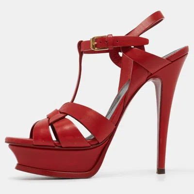 Pre-owned Saint Laurent Red Leather Tribute Sandals Size 37.5