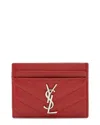 Saint Laurent Red Matelasse Grain De Poudre Leather Monogram Card Case  (authentic Pre-loved) In Red