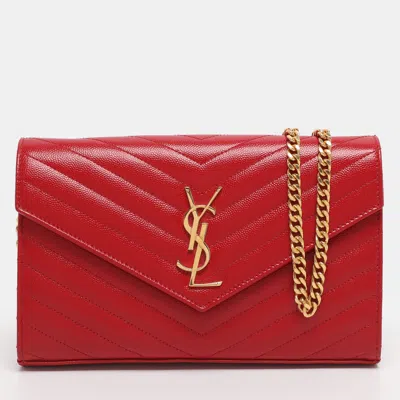 Pre-owned Saint Laurent Red Matelassé Leather Cassandre Wallet On Chain