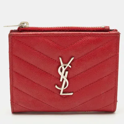 Pre-owned Saint Laurent Red Matelassé Leather Monogram Compact Wallet