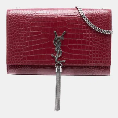 Pre-owned Saint Laurent Red Medium Croc Embossed Leather Monogram Kate Tassel Crossbody