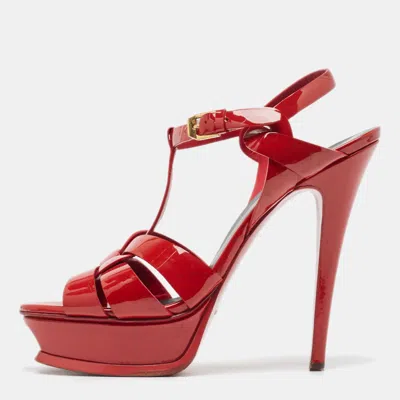 Pre-owned Saint Laurent Red Patent Leather Tribute Platform Ankle Strap Sandals Size 38.5