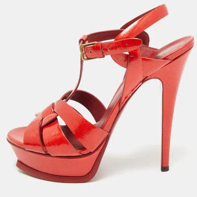 Pre-owned Saint Laurent Red Patent Leather Tribute Platform Sandals Size 38