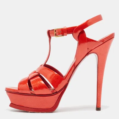 Pre-owned Saint Laurent Red Patent Leather Tribute Sandals Size 37.5