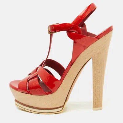 Pre-owned Saint Laurent Red Patent Leather Wood Tribute Platform Sandals Size 37.5