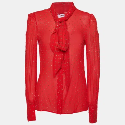 Pre-owned Saint Laurent Red Silk Glitter Embellished Blouse S