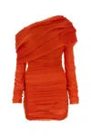 Saint Laurent Brick One-shoulder Mini-dress With All-over Ruching In Silk Muslin Woman In Brique