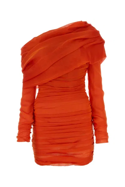 Saint Laurent Brick One-shoulder Mini-dress With All-over Ruching In Silk Muslin Woman In Red