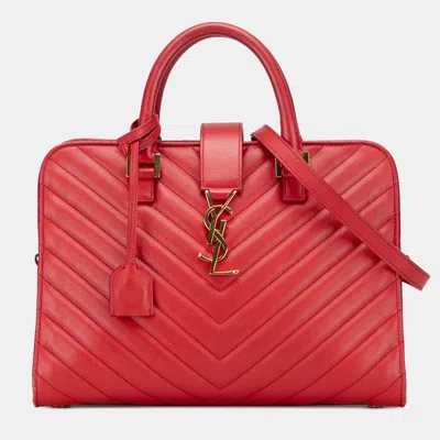 Pre-owned Saint Laurent Red Small Chevron Calfskin Monogram Cabas Satchel