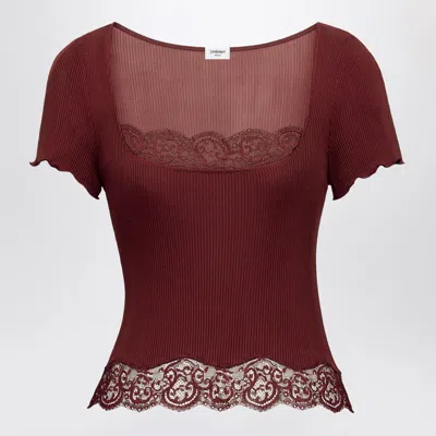 Saint Laurent Red Squareneck Lace Tshirt In Ribbed Silk In Burgundy