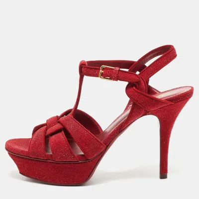 Pre-owned Saint Laurent Red Suede And Glitter Tribute Ankle Strap Sandals Size 37