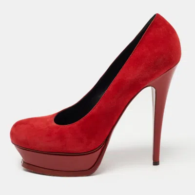 Pre-owned Saint Laurent Red Suede Platform Pumps Size 40.5