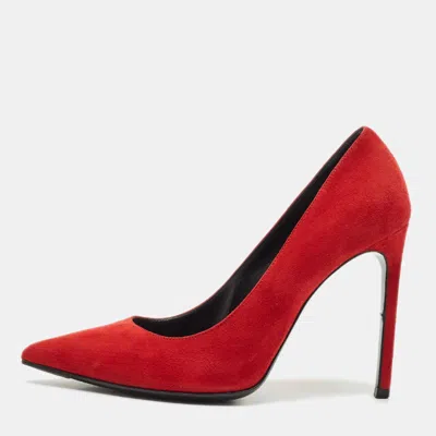 Pre-owned Saint Laurent Red Suede Pointed Toe Pumps Size 38.5