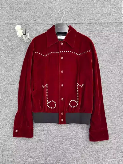 Pre-owned Saint Laurent Red Velvet Note Rhinestone Jacket