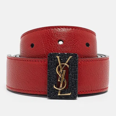 Pre-owned Saint Laurent Red/black Leather Monogram Reversible Waist Belt M