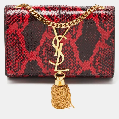 Pre-owned Saint Laurent Red/black Python Embossed Leather Small Kate Wallet On Chain
