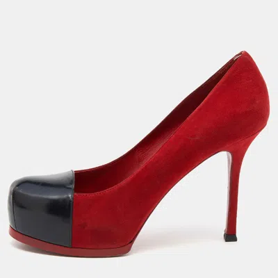Pre-owned Saint Laurent Red/black Suede And Leather Tribtoo Platform Pumps Size 38