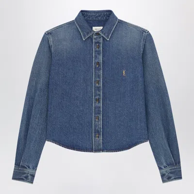 Saint Laurent Reef Blue Cassandre Denim Shirt With Embroidered Chest In Multi