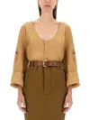 Saint Laurent Regular Fit Henley Blouse In Beige