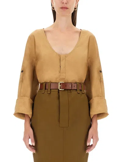 Saint Laurent Regular Fit Henley Blouse In Brown