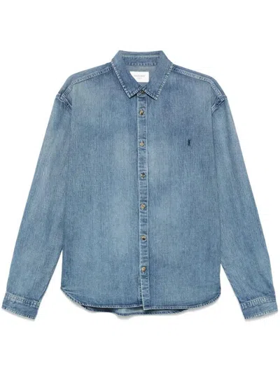 Saint Laurent Relaxed Fit Cassandre Denim Shirt In Trouville Beach Blue