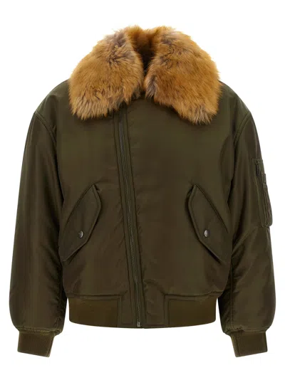Saint Laurent Removable Shearling Collar Bomber Jacket In Green