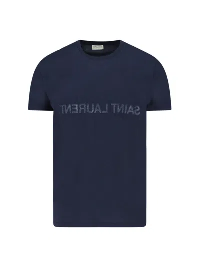 Saint Laurent Reverse Logo-print Cotton T-shirt In Blue