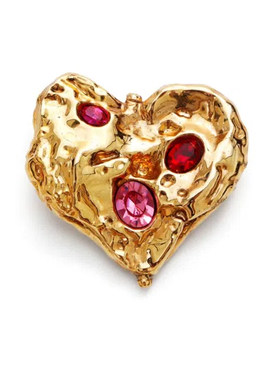 Pre-owned Saint Laurent Rhinestone-embellished Heart Brooch In Gold