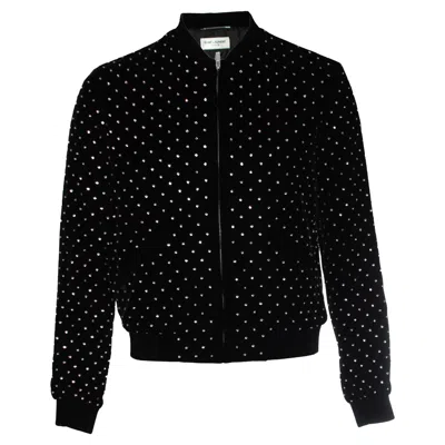 Pre-owned Saint Laurent , Rhinestone Embellished Velvet Bomber In Black