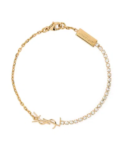Saint Laurent Rhinestone Side Bracelet With Center Cassandre Charm And Lobster Clasp In Oro