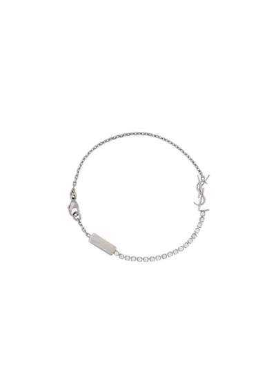 Saint Laurent Rhinestone-embellished Cassandre Mini Bracelet With Lobster Clasp In Argento