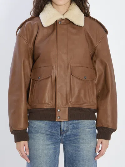 Saint Laurent Brown Leather Bomber Jacket With Shearling Collar