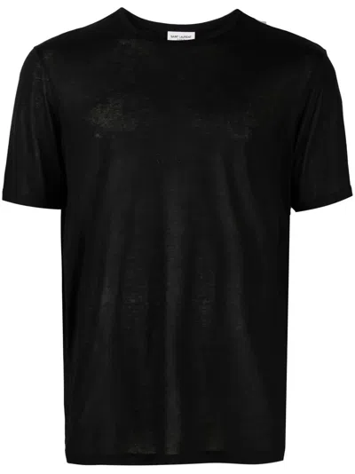 Saint Laurent Ribbed Collar Viscose T-shirt For Men In Black