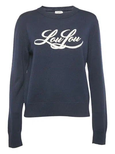 Pre-owned Saint Laurent Ribbed-knit Embroidered Sweater In Blue