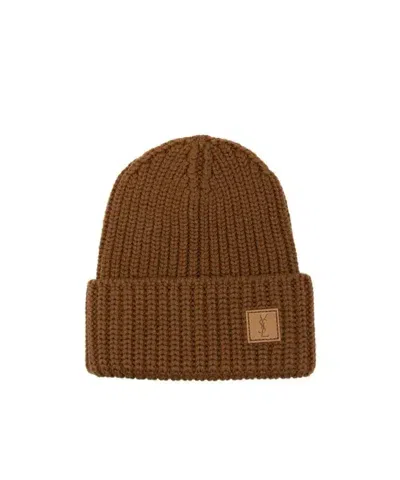Saint Laurent Ribbed Knit Logo Patch In Brown