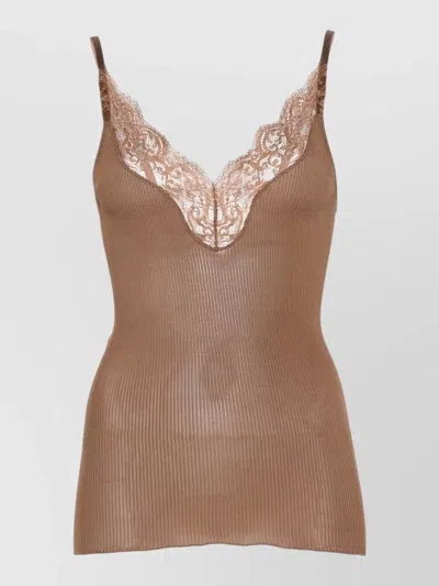 Saint Laurent Ribbed Knit Top Adjustable Straps Lace In Brown