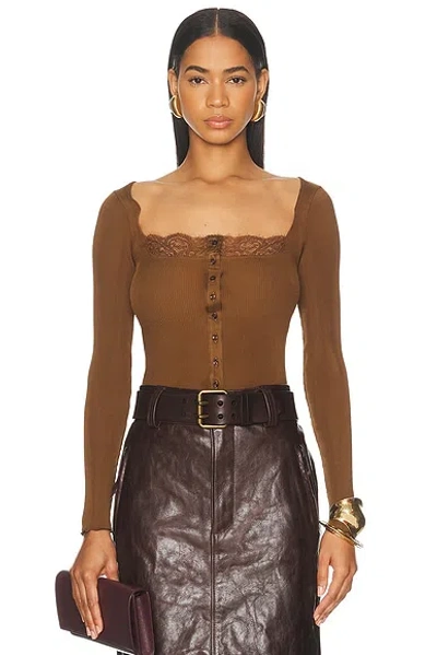 Saint Laurent Ribbed Lacy Button Up Top In Brown