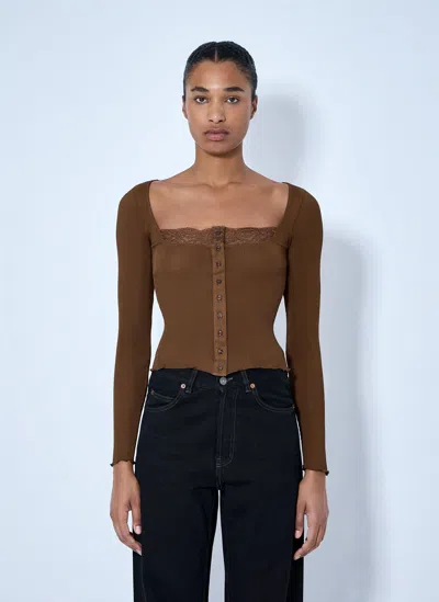 Saint Laurent Ribbed Lacy Button Up Top In Light Brown