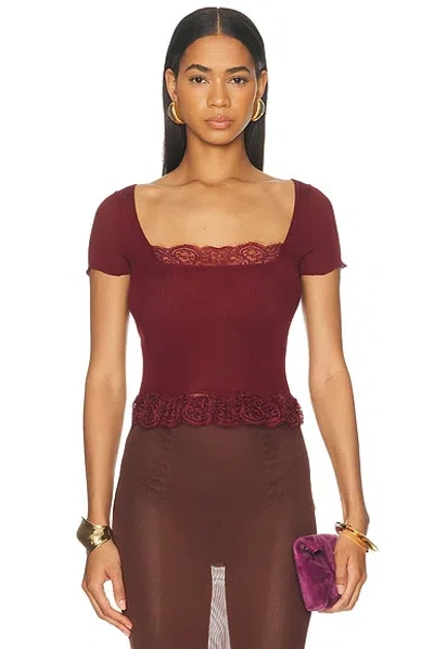Saint Laurent Cropped Leavers Lace-trimmed Ribbed Silk-jersey Top In Red