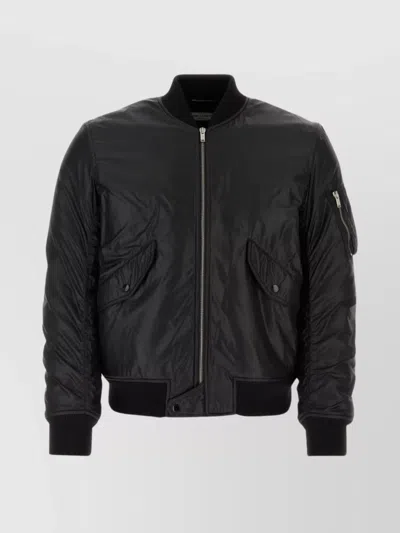 Saint Laurent Ribbed Nylon Bomber Jacket With Utility Pocket In Noir Brillant