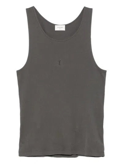 Saint Laurent Ribbed Texture Sleeveless Tank Top In Gray