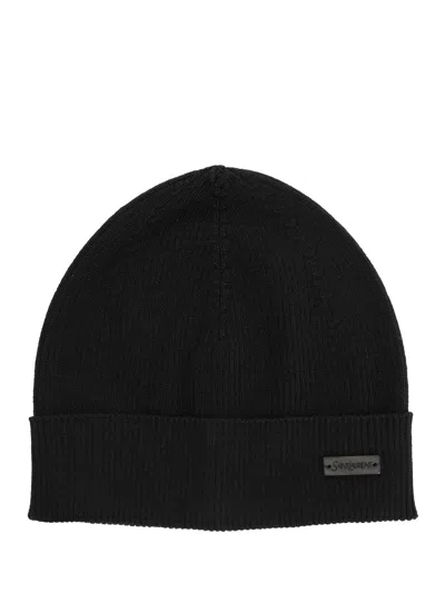 SAINT LAURENT RIBBED WOOL HAT HATS BLACK