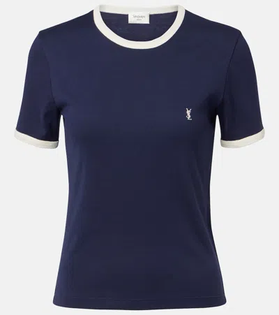 Saint Laurent Ribbed-knit Cotton Jersey T-shirt In Blue