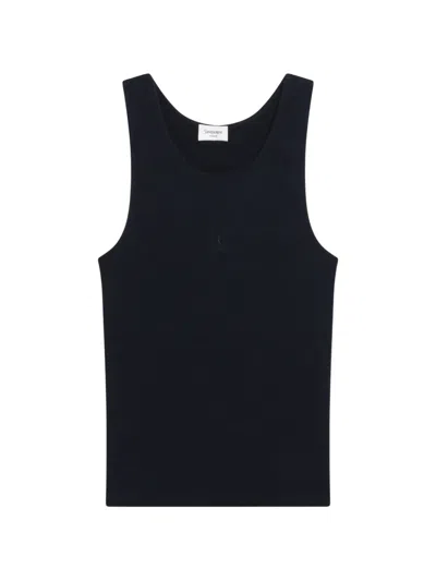 Saint Laurent Cassandre Ribbed Cotton Jersey Tank Top In Blue In Black