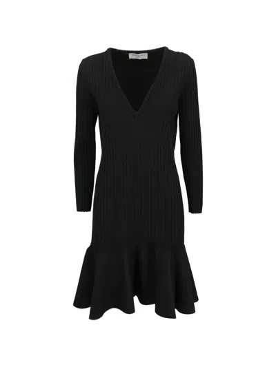 Pre-owned Saint Laurent Ribbed-knit Ruffled Midi Dress In Black