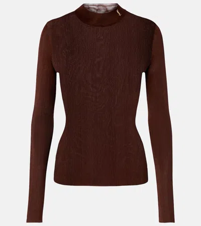 Saint Laurent Ribbed-knit Silk Sweater In Brown