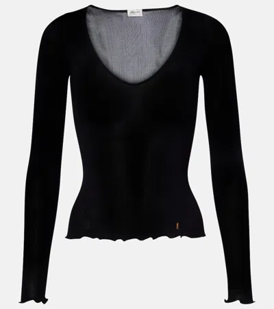 Saint Laurent Ribbed-knit Silk Top In Black