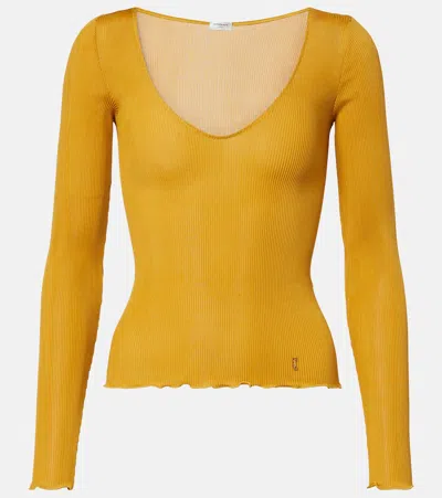 Saint Laurent Ribbed-knit Silk Top In Yellow