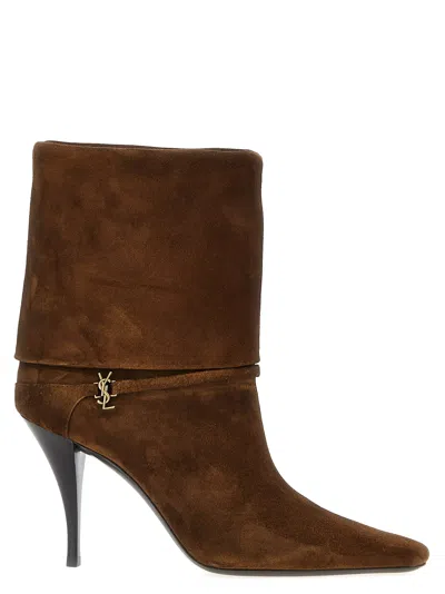 Saint Laurent Niki Suede Ysl Stiletto Ankle Booties In Brown