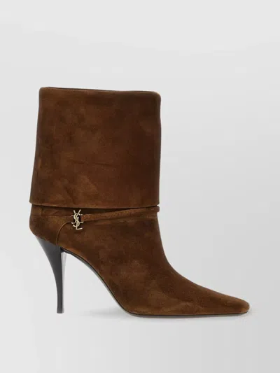 Saint Laurent Niki Suede Ysl Stiletto Ankle Booties In Brown